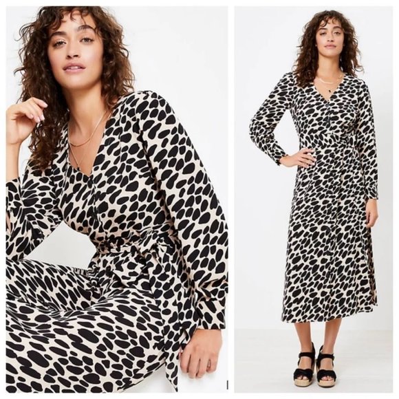 LOFT Dresses & Skirts - LOFT Women Cheetah Print Midi Shirtdress in Black and Tan in size 12 NWT